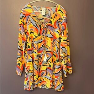 Womens Lace-Up Beach Tunic Cover Up with pockets - Multi Color-size M/L NWT